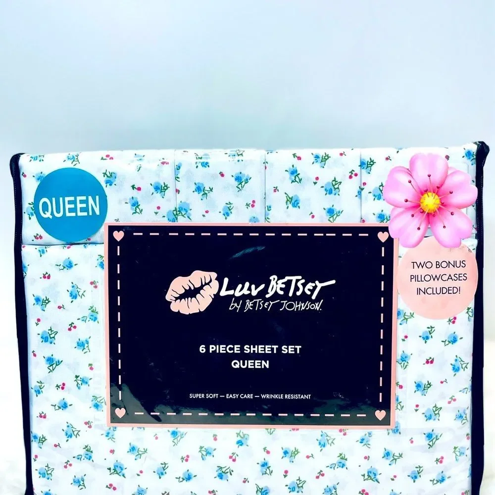 Betsey Johnson Blue Baby Buds Microfiber Floral‎ Coquette QUEEN Sheet Set NEW